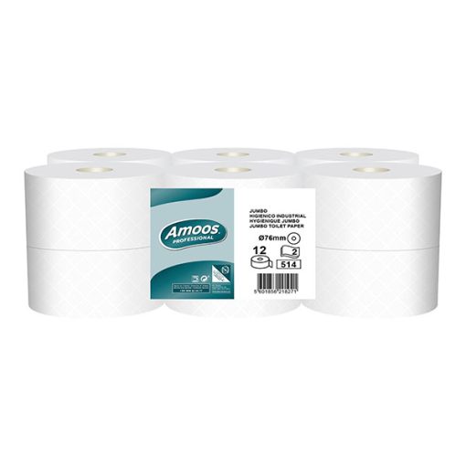 Papel Higiénico Jumbo Amoos 100% Pura Celulose, ecolabel, 180 mt, 2F, 12 rolos